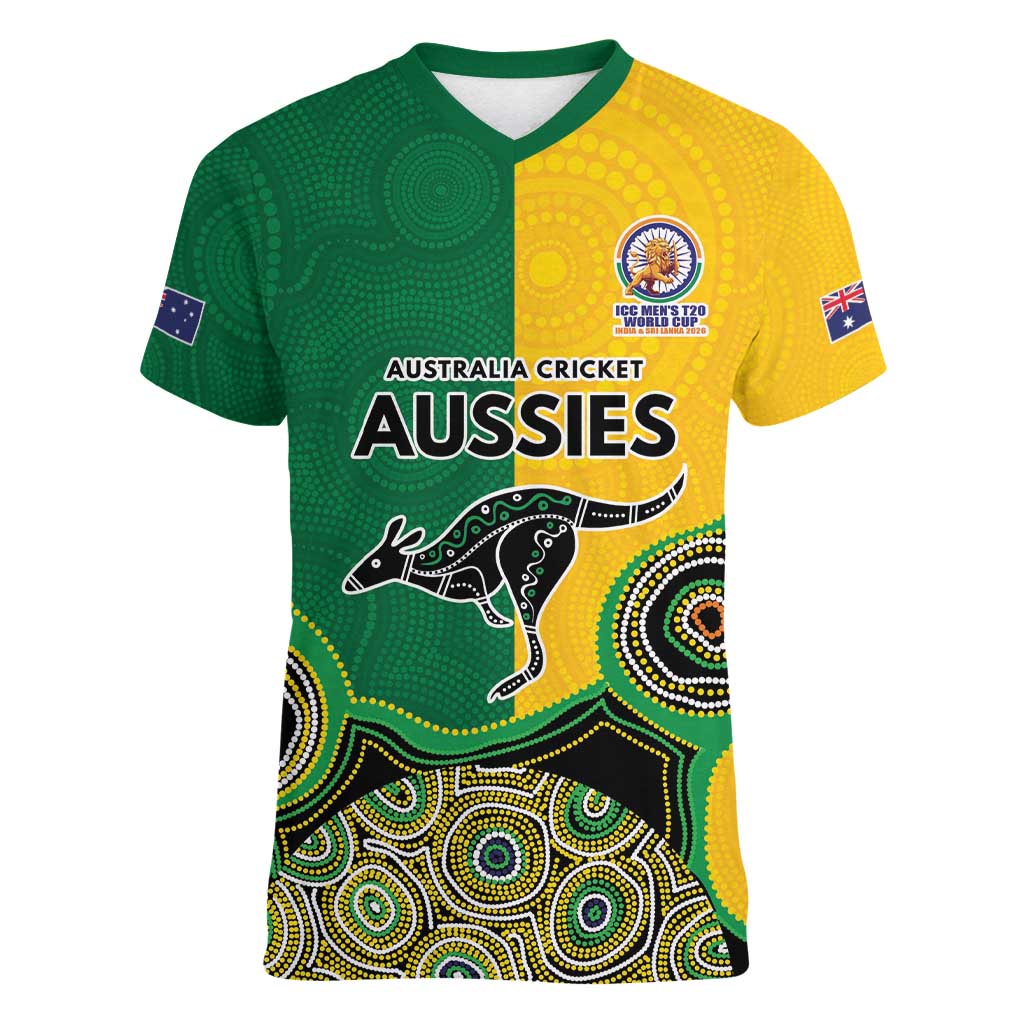 Custom Australia Cricket Spirit 2026 Women V-Neck T-Shirt World T20 Edition - Aussie Color Aboriginal Motif - Aussie Hoodie