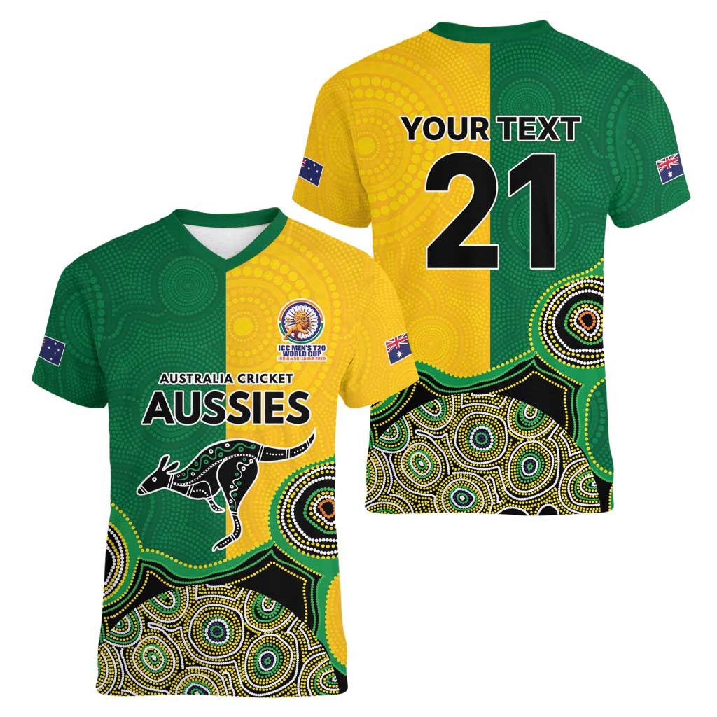 Custom Australia Cricket Spirit 2026 Women V-Neck T-Shirt World T20 Edition - Aussie Color Aboriginal Motif - Aussie Hoodie