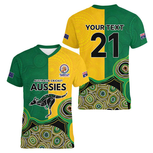 Custom Australia Cricket Spirit 2026 Women V-Neck T-Shirt World T20 Edition - Aussie Color Aboriginal Motif - Aussie Hoodie