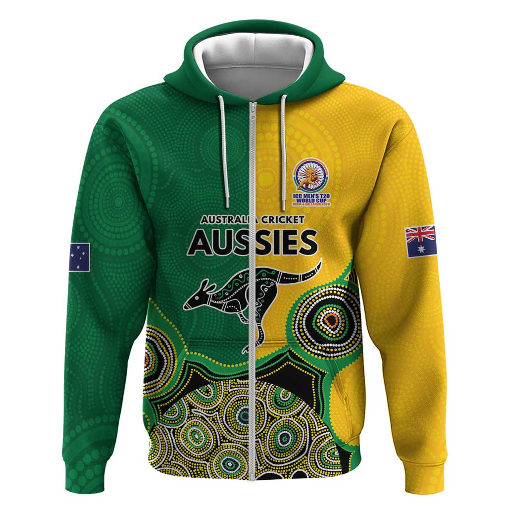 Custom Australia Cricket Spirit 2026 Zip Hoodie World T20 Edition - Aussie Color Aboriginal Motif - Aussie Hoodie