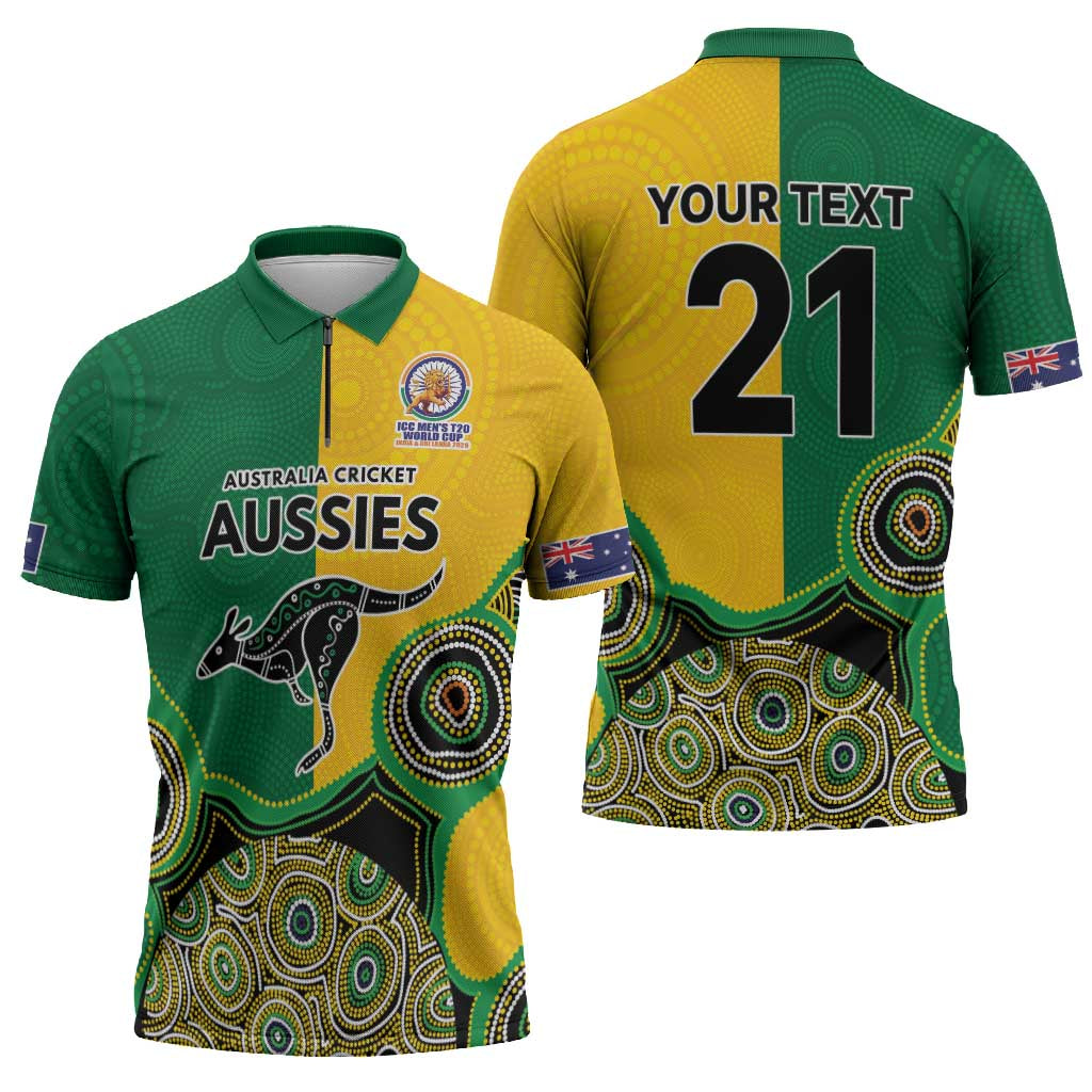 Custom Australia Cricket Spirit 2026 Zipper Polo Shirt World T20 Edition - Aussie Color Aboriginal Motif - Aussie Hoodie