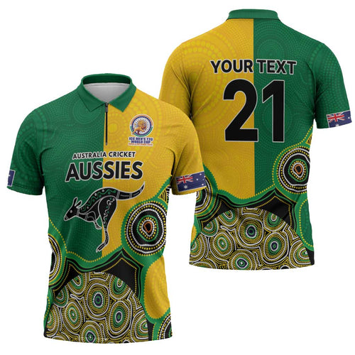 Custom Australia Cricket Spirit 2026 Zipper Polo Shirt World T20 Edition - Aussie Color Aboriginal Motif - Aussie Hoodie
