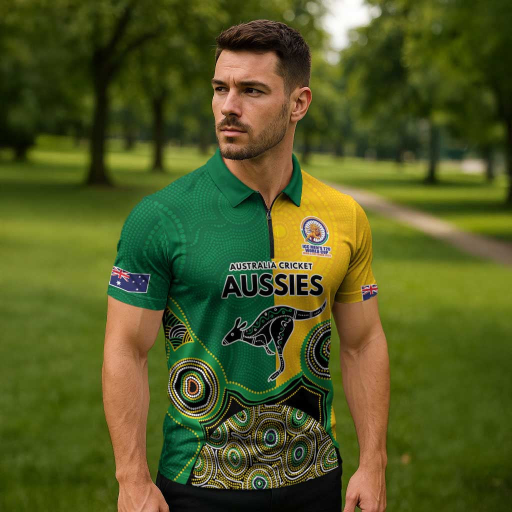 Custom Australia Cricket Spirit 2026 Zipper Polo Shirt World T20 Edition - Aussie Color Aboriginal Motif - Aussie Hoodie