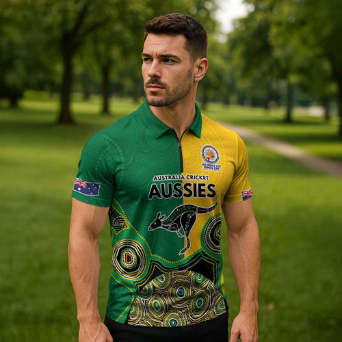 Custom Australia Cricket Spirit 2026 Zipper Polo Shirt World T20 Edition - Aussie Color Aboriginal Motif - Aussie Hoodie
