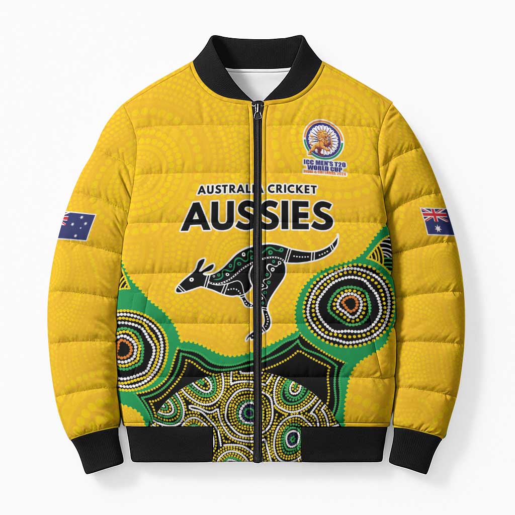 Custom Australia Cricket Spirit 2026 Bomber Puffer Jacket World T20 Edition - Gold Aboriginal - Aussie Hoodie