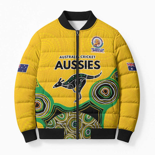 Custom Australia Cricket Spirit 2026 Bomber Puffer Jacket World T20 Edition - Gold Aboriginal - Aussie Hoodie
