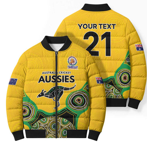 Custom Australia Cricket Spirit 2026 Bomber Puffer Jacket World T20 Edition - Gold Aboriginal - Aussie Hoodie