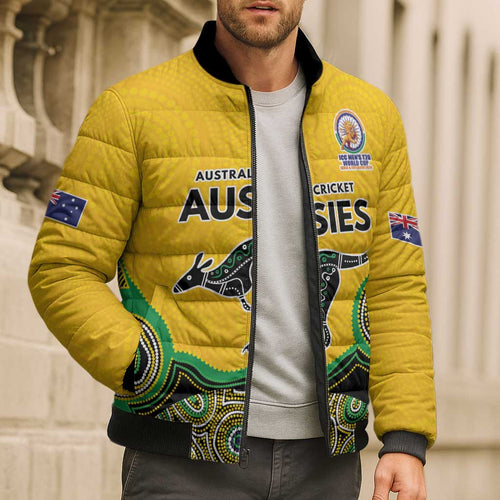 Custom Australia Cricket Spirit 2026 Bomber Puffer Jacket World T20 Edition - Gold Aboriginal - Aussie Hoodie