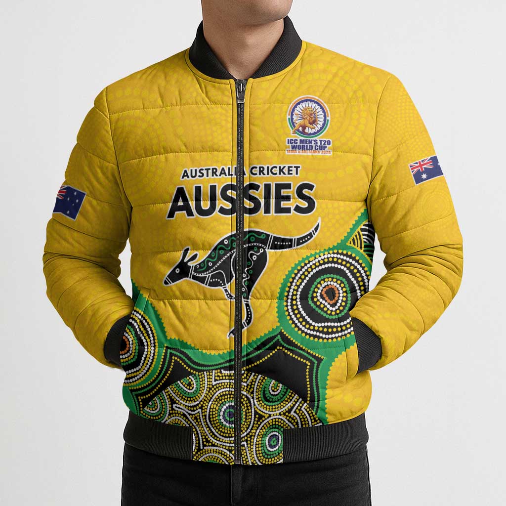 Custom Australia Cricket Spirit 2026 Bomber Puffer Jacket World T20 Edition - Gold Aboriginal - Aussie Hoodie