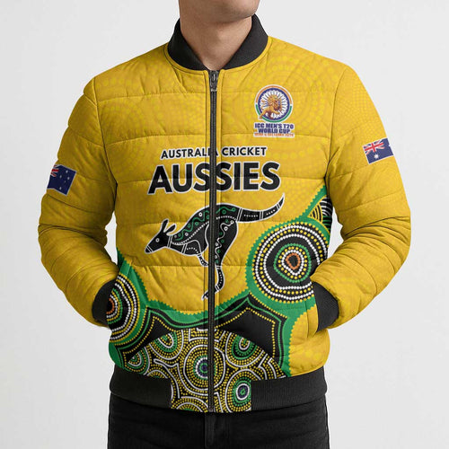 Custom Australia Cricket Spirit 2026 Bomber Puffer Jacket World T20 Edition - Gold Aboriginal - Aussie Hoodie