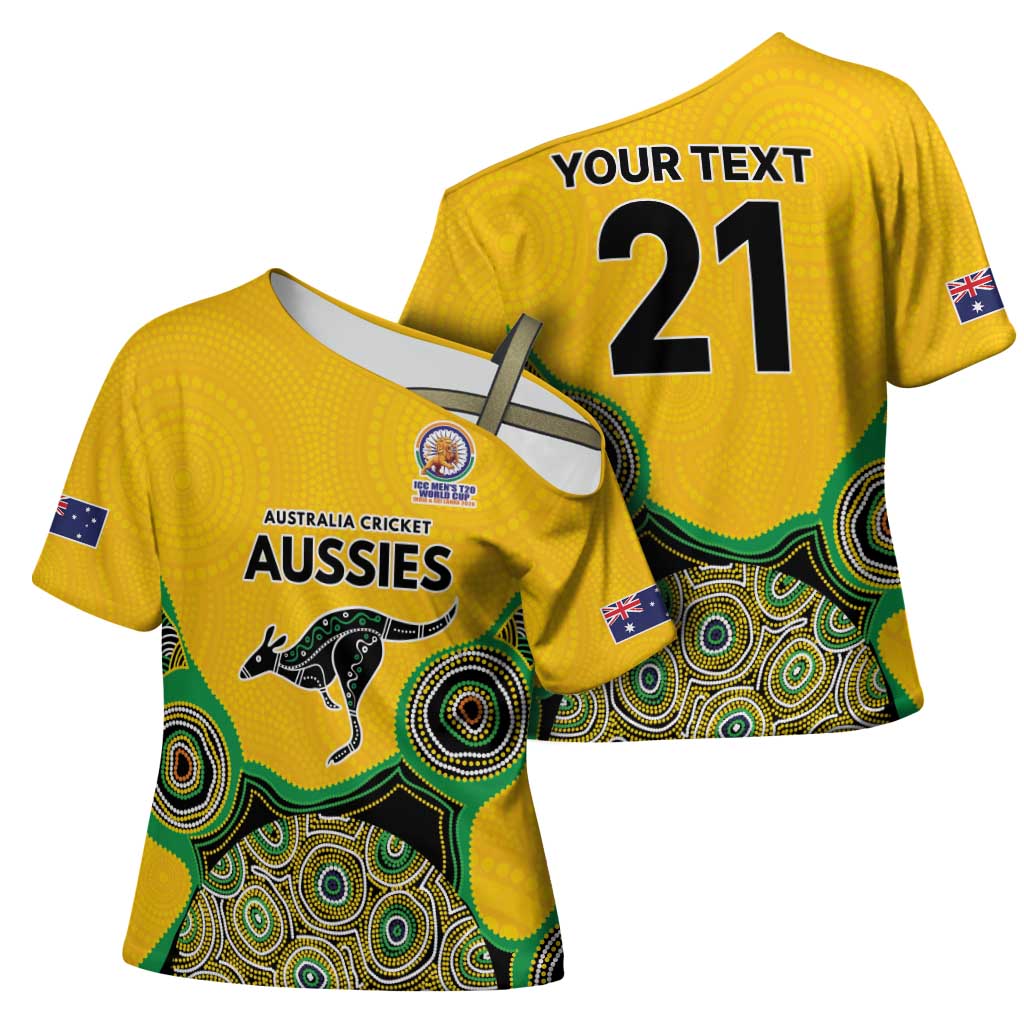 Custom Australia Cricket Spirit 2026 Cross Shoulder Shirt World T20 Edition - Gold Aboriginal - Aussie Hoodie