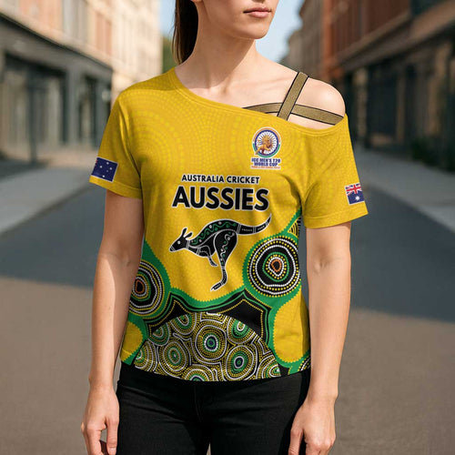 Custom Australia Cricket Spirit 2026 Cross Shoulder Shirt World T20 Edition - Gold Aboriginal - Aussie Hoodie