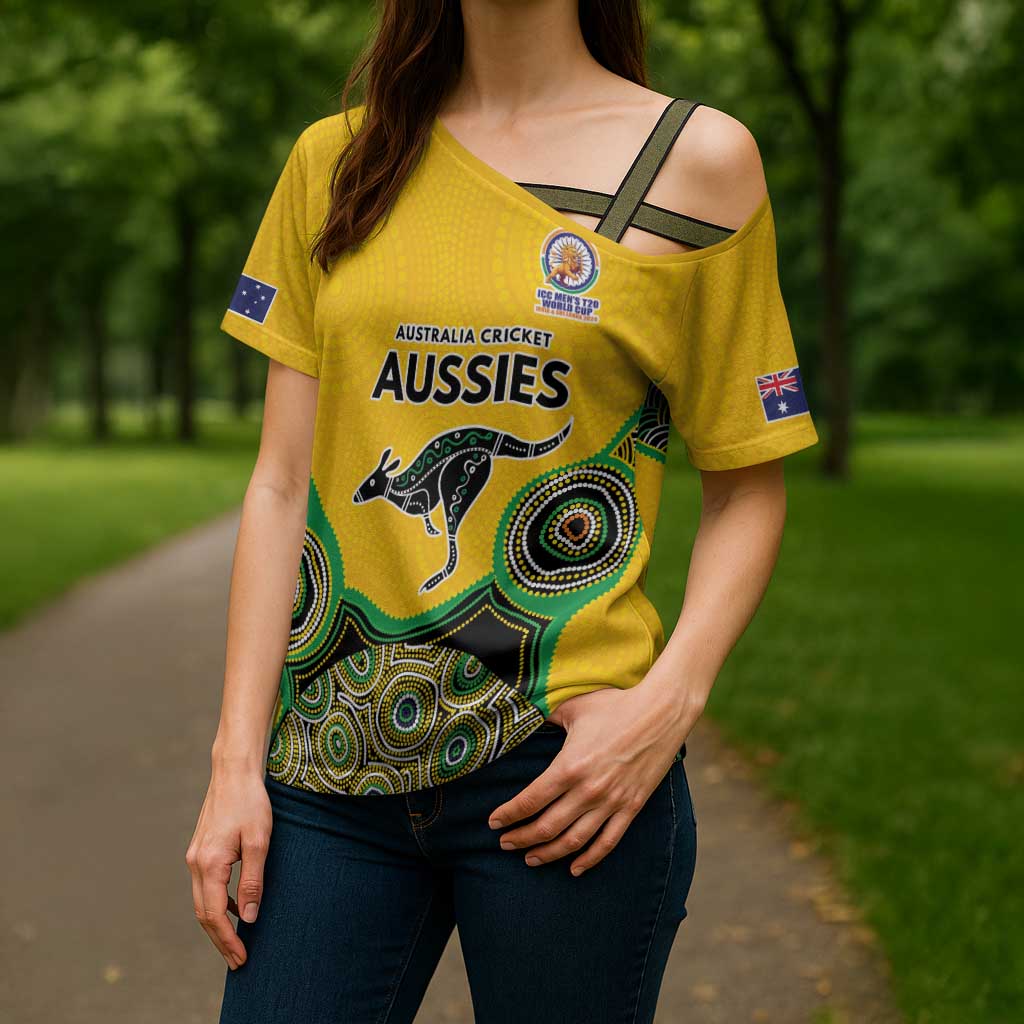 Custom Australia Cricket Spirit 2026 Cross Shoulder Shirt World T20 Edition - Gold Aboriginal - Aussie Hoodie