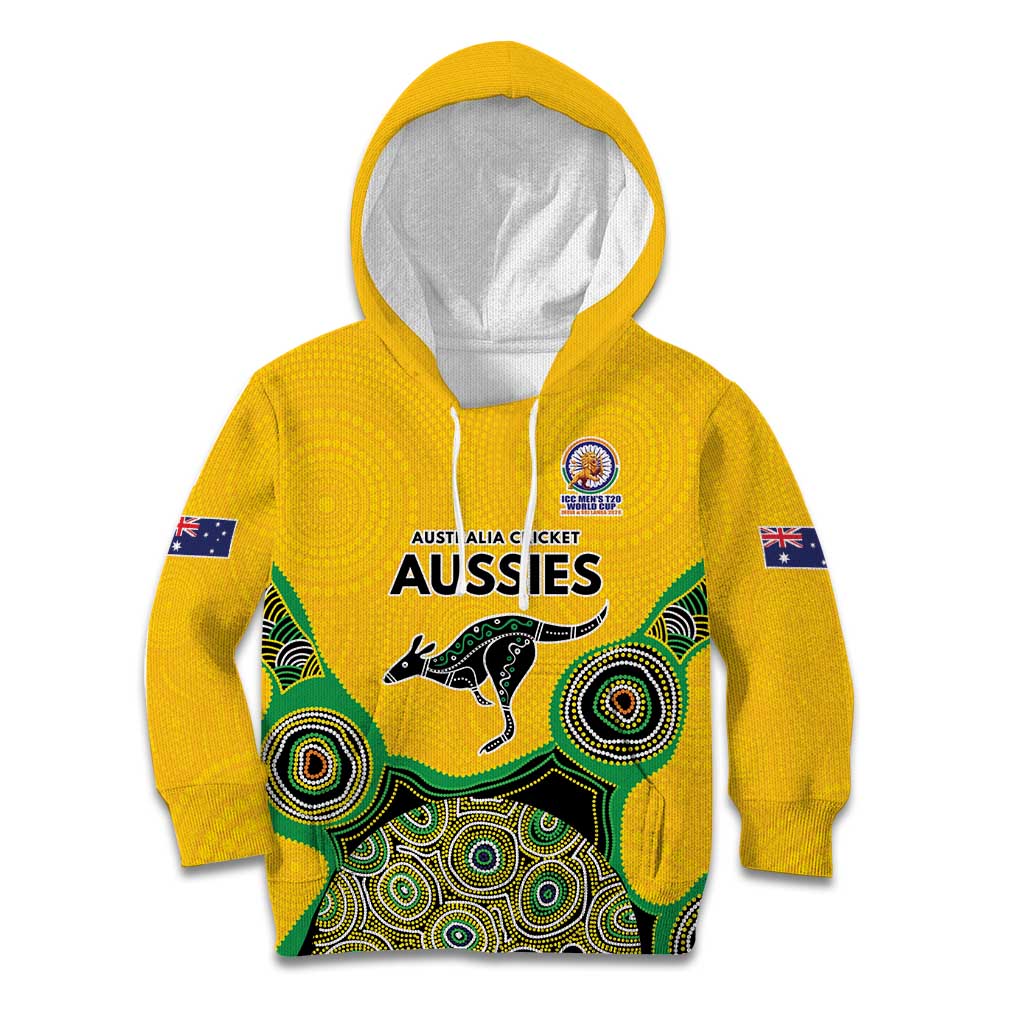 Custom Australia Cricket Spirit 2026 Kid Hoodie World T20 Edition - Gold Aboriginal - Aussie Hoodie
