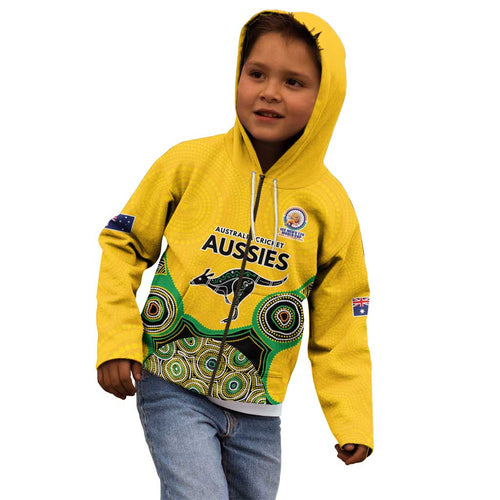 Custom Australia Cricket Spirit 2026 Kid Hoodie World T20 Edition - Gold Aboriginal - Aussie Hoodie