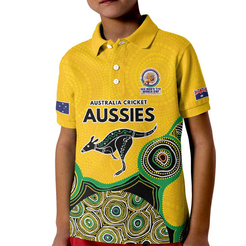 Custom Australia Cricket Spirit 2026 Kid Polo Shirt World T20 Edition - Gold Aboriginal - Aussie Hoodie
