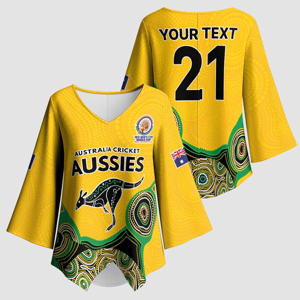 Custom Australia Cricket Spirit 2026 Kimono Sleeve Blouse World T20 Edition - Gold Aboriginal - Aussie Hoodie