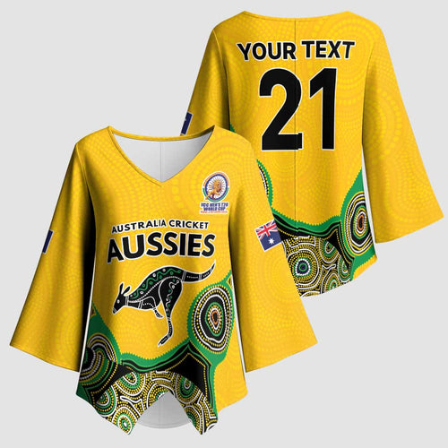 Custom Australia Cricket Spirit 2026 Kimono Sleeve Blouse World T20 Edition - Gold Aboriginal - Aussie Hoodie