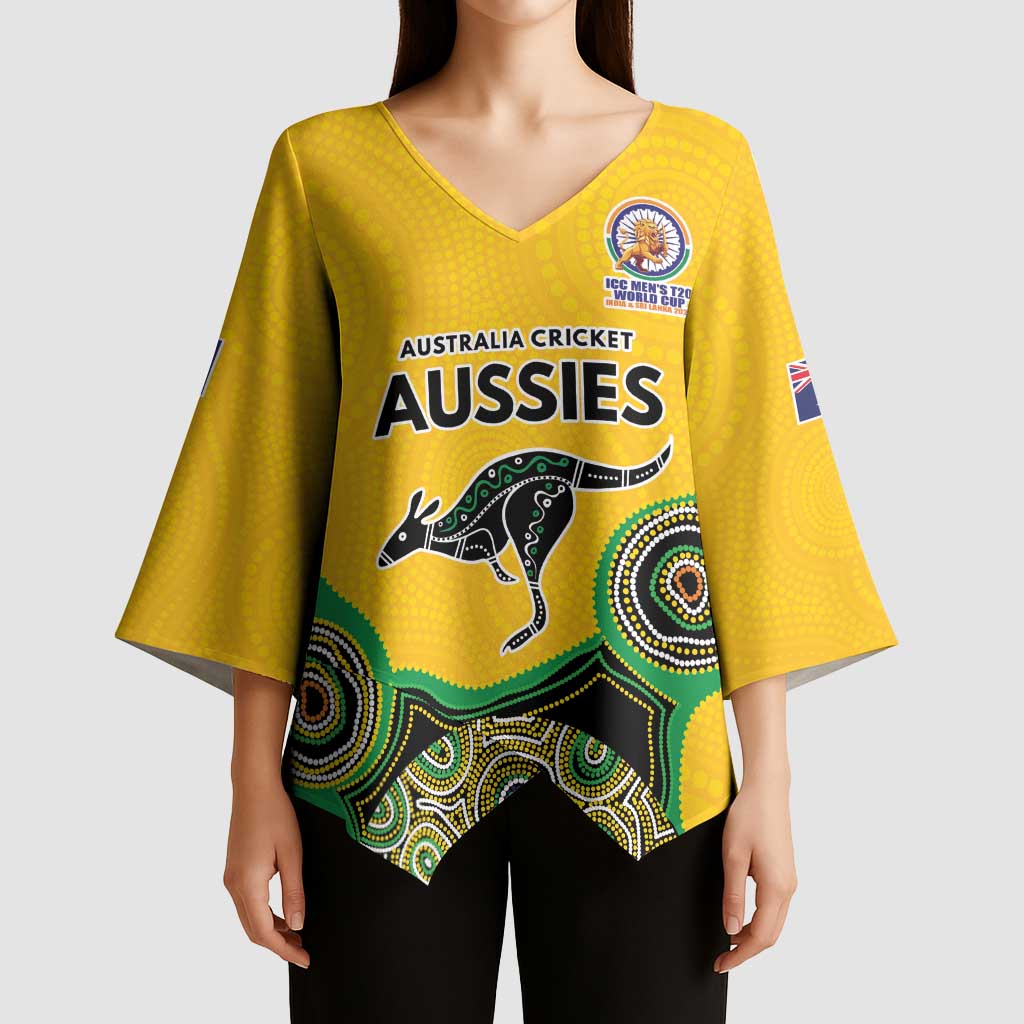 Custom Australia Cricket Spirit 2026 Kimono Sleeve Blouse World T20 Edition - Gold Aboriginal - Aussie Hoodie