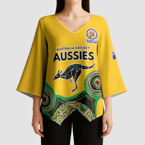 Custom Australia Cricket Spirit 2026 Kimono Sleeve Blouse World T20 Edition - Gold Aboriginal - Aussie Hoodie