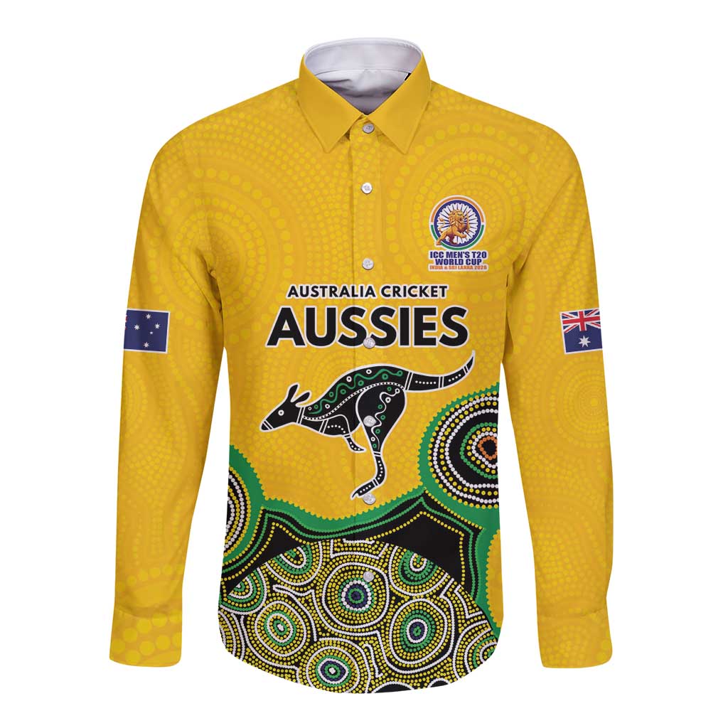 Custom Australia Cricket Spirit 2026 Long Sleeve Button Shirt World T20 Edition - Gold Aboriginal - Aussie Hoodie