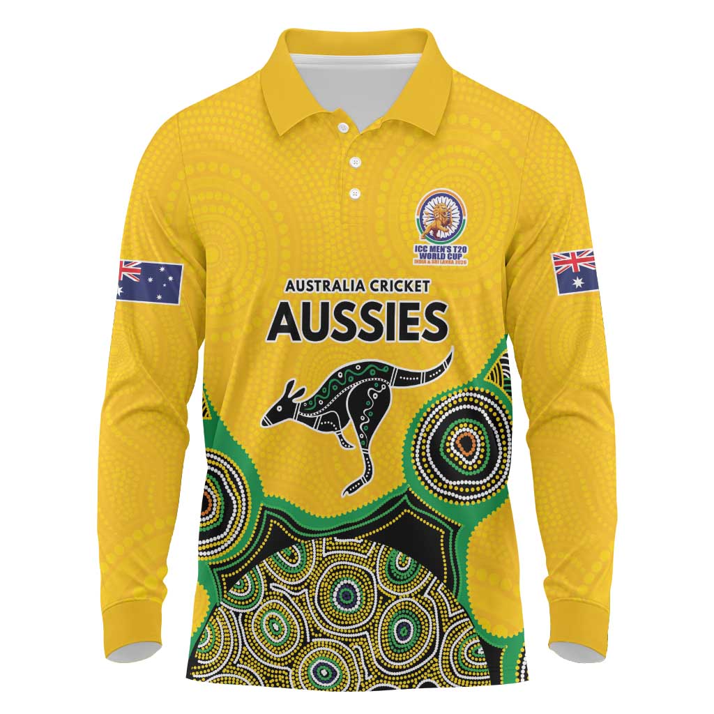 Custom Australia Cricket Spirit 2026 Long Sleeve Polo Shirt World T20 Edition - Gold Aboriginal - Aussie Hoodie