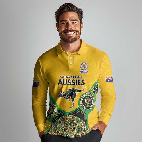 Custom Australia Cricket Spirit 2026 Long Sleeve Polo Shirt World T20 Edition - Gold Aboriginal - Aussie Hoodie