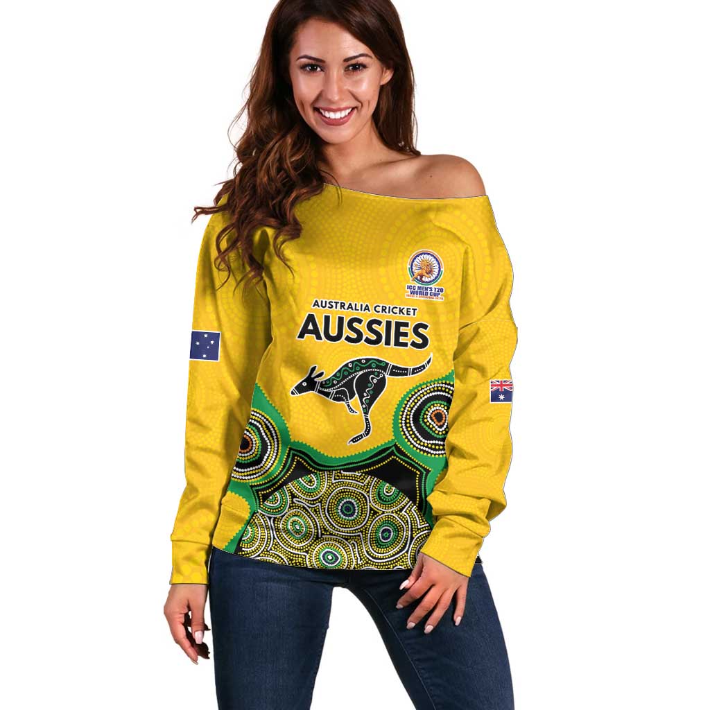 Custom Australia Cricket Spirit 2026 Off Shoulder Sweater World T20 Edition - Gold Aboriginal - Aussie Hoodie