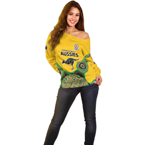 Custom Australia Cricket Spirit 2026 Off Shoulder Sweater World T20 Edition - Gold Aboriginal - Aussie Hoodie