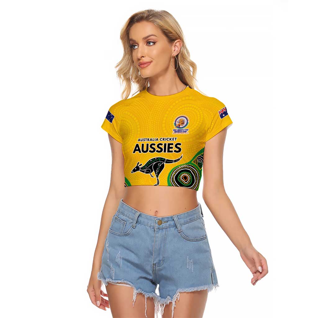 Custom Australia Cricket Spirit 2026 Raglan Cropped T Shirt World T20 Edition - Gold Aboriginal - Aussie Hoodie