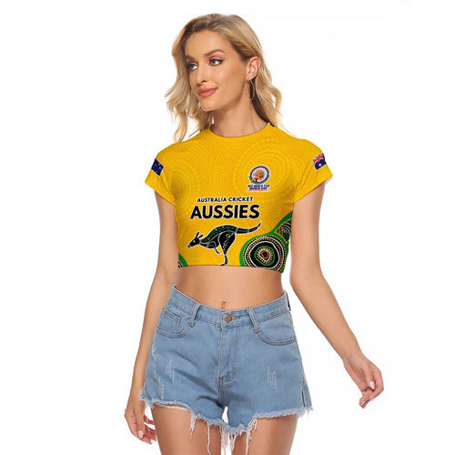 Custom Australia Cricket Spirit 2026 Raglan Cropped T Shirt World T20 Edition - Gold Aboriginal - Aussie Hoodie