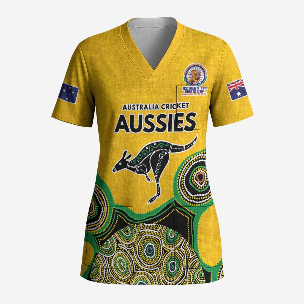 Custom Australia Cricket Spirit 2026 Scrub Top World T20 Edition - Gold Aboriginal - Aussie Hoodie