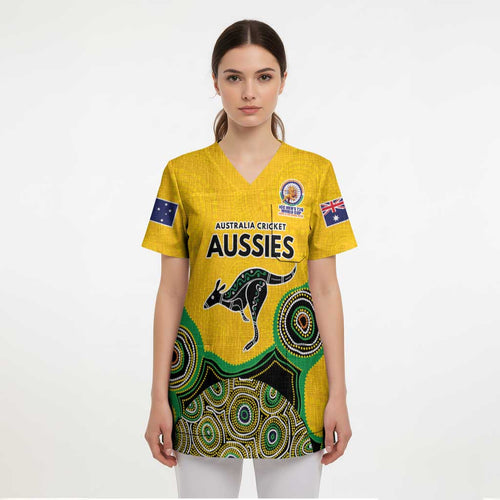Custom Australia Cricket Spirit 2026 Scrub Top World T20 Edition - Gold Aboriginal - Aussie Hoodie