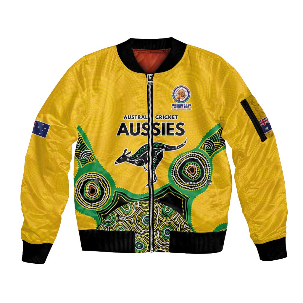 Custom Australia Cricket Spirit 2026 Sleeve Zip Bomber Jacket World T20 Edition - Gold Aboriginal - Aussie Hoodie