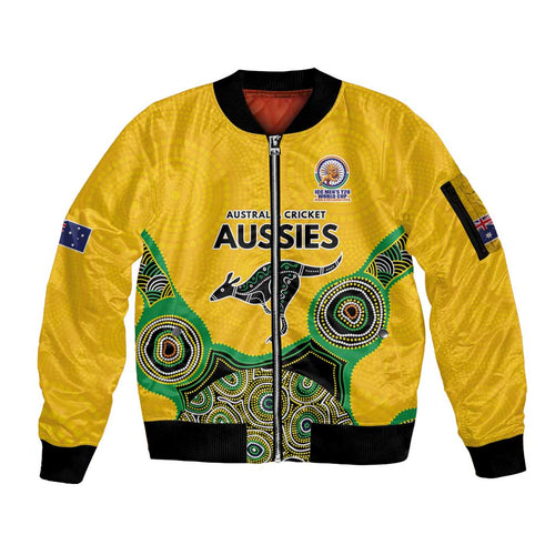 Custom Australia Cricket Spirit 2026 Sleeve Zip Bomber Jacket World T20 Edition - Gold Aboriginal - Aussie Hoodie