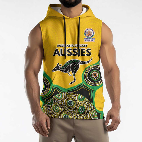 Custom Australia Cricket Spirit 2026 Sleeveless Hoodie World T20 Edition - Gold Aboriginal - Aussie Hoodie