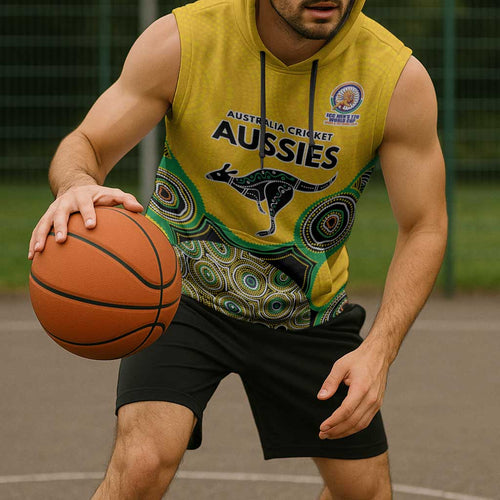 Custom Australia Cricket Spirit 2026 Sleeveless Hoodie World T20 Edition - Gold Aboriginal - Aussie Hoodie