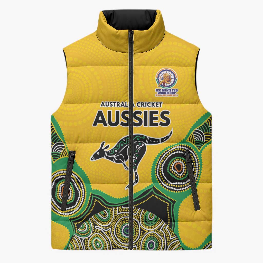 Custom Australia Cricket Spirit 2026 Sleeveless Puffer Jacket World T20 Edition - Gold Aboriginal - Aussie Hoodie