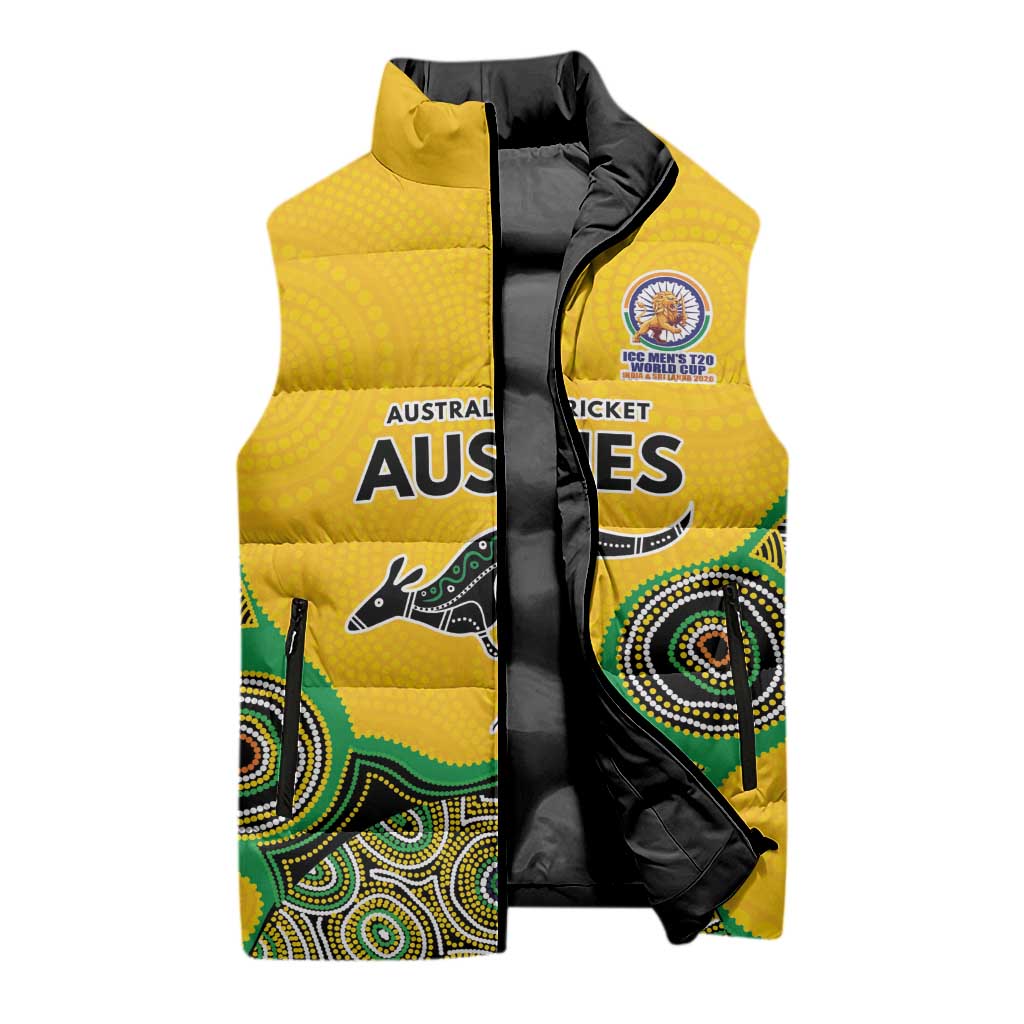 Custom Australia Cricket Spirit 2026 Sleeveless Puffer Jacket World T20 Edition - Gold Aboriginal - Aussie Hoodie