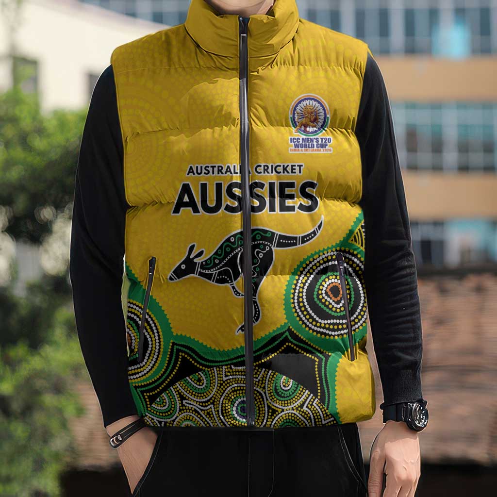 Custom Australia Cricket Spirit 2026 Sleeveless Puffer Jacket World T20 Edition - Gold Aboriginal - Aussie Hoodie