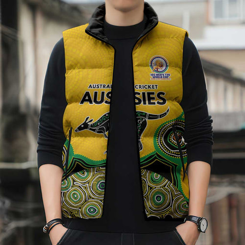 Custom Australia Cricket Spirit 2026 Sleeveless Puffer Jacket World T20 Edition - Gold Aboriginal - Aussie Hoodie