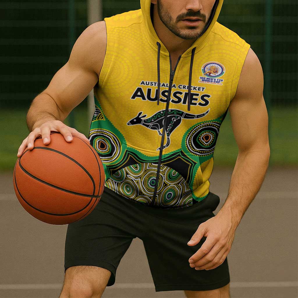 Custom Australia Cricket Spirit 2026 Sleeveless Zip Hoodie World T20 Edition - Gold Aboriginal LT9