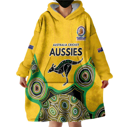 Custom Australia Cricket Spirit 2026 Wearable Blanket Hoodie World T20 Edition - Gold Aboriginal - Aussie Hoodie