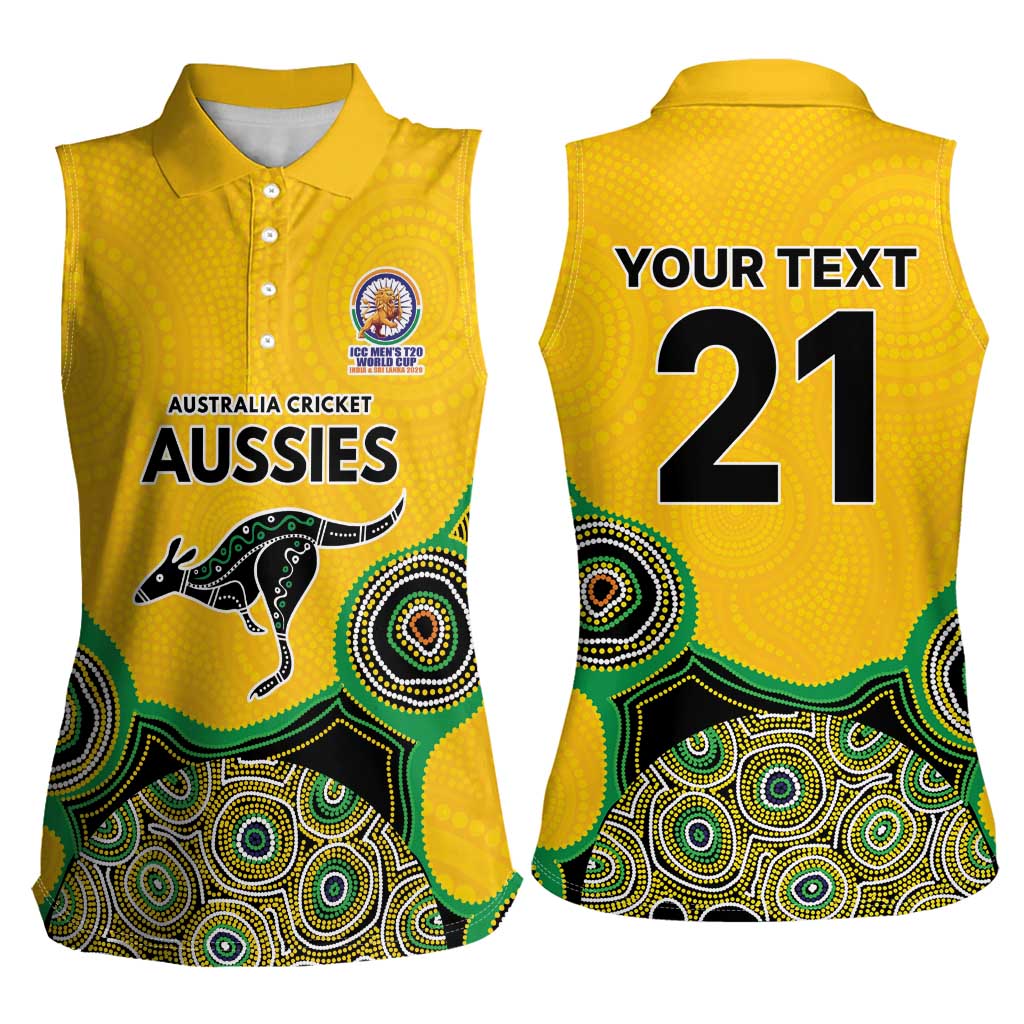 Custom Australia Cricket Spirit 2026 Women Sleeveless Polo Shirt World T20 Edition - Gold Aboriginal - Aussie Hoodie