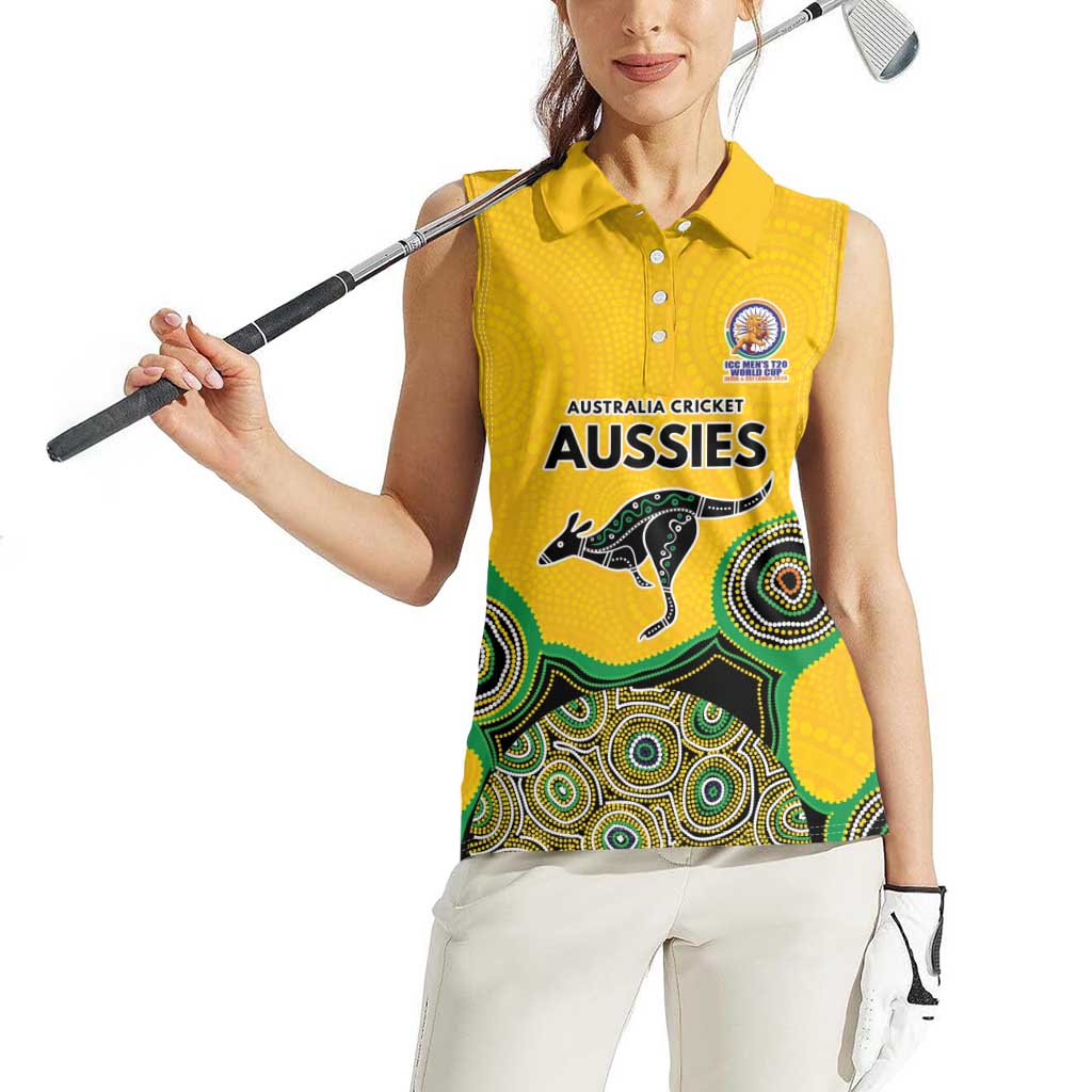 Custom Australia Cricket Spirit 2026 Women Sleeveless Polo Shirt World T20 Edition - Gold Aboriginal - Aussie Hoodie