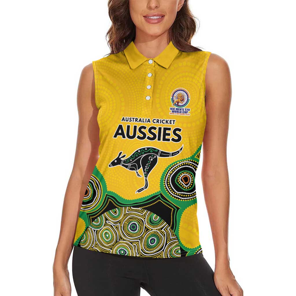 Custom Australia Cricket Spirit 2026 Women Sleeveless Polo Shirt World T20 Edition - Gold Aboriginal - Aussie Hoodie