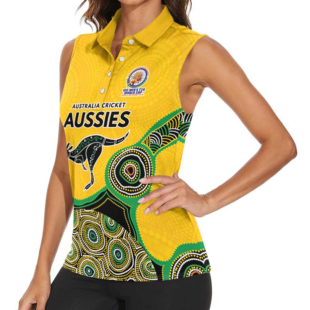 Custom Australia Cricket Spirit 2026 Women Sleeveless Polo Shirt World T20 Edition - Gold Aboriginal - Aussie Hoodie