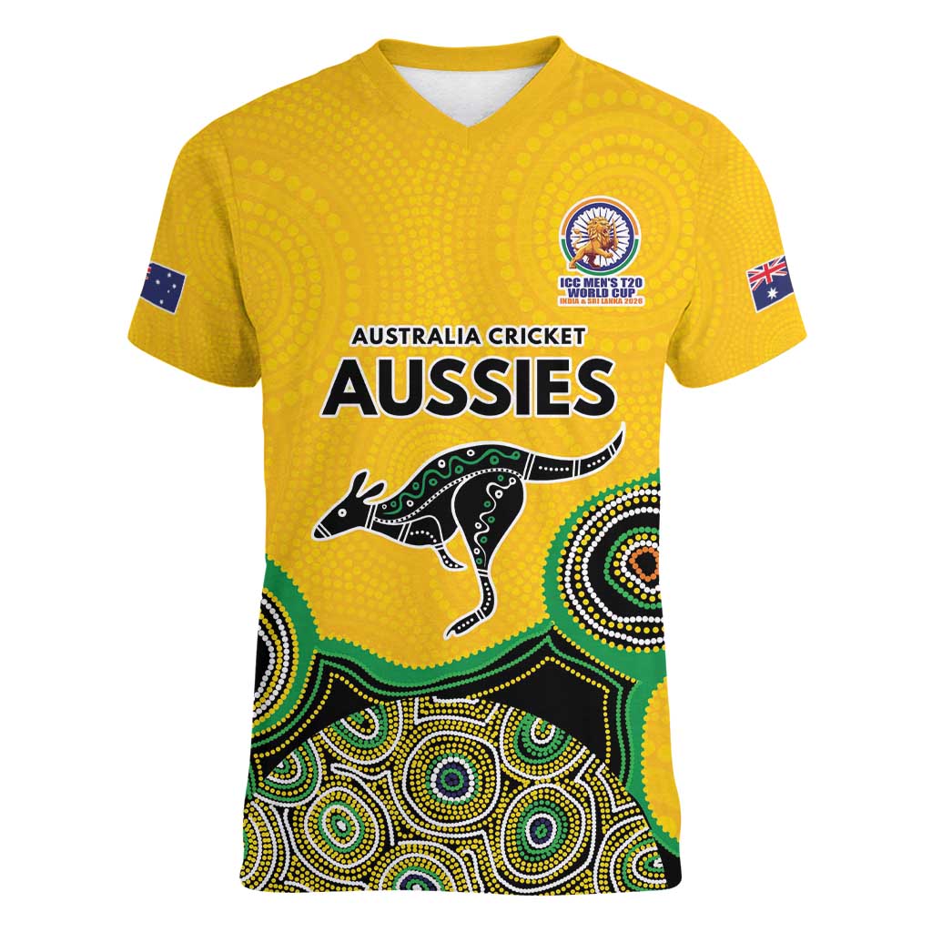 Custom Australia Cricket Spirit 2026 Women V-Neck T-Shirt World T20 Edition - Gold Aboriginal - Aussie Hoodie