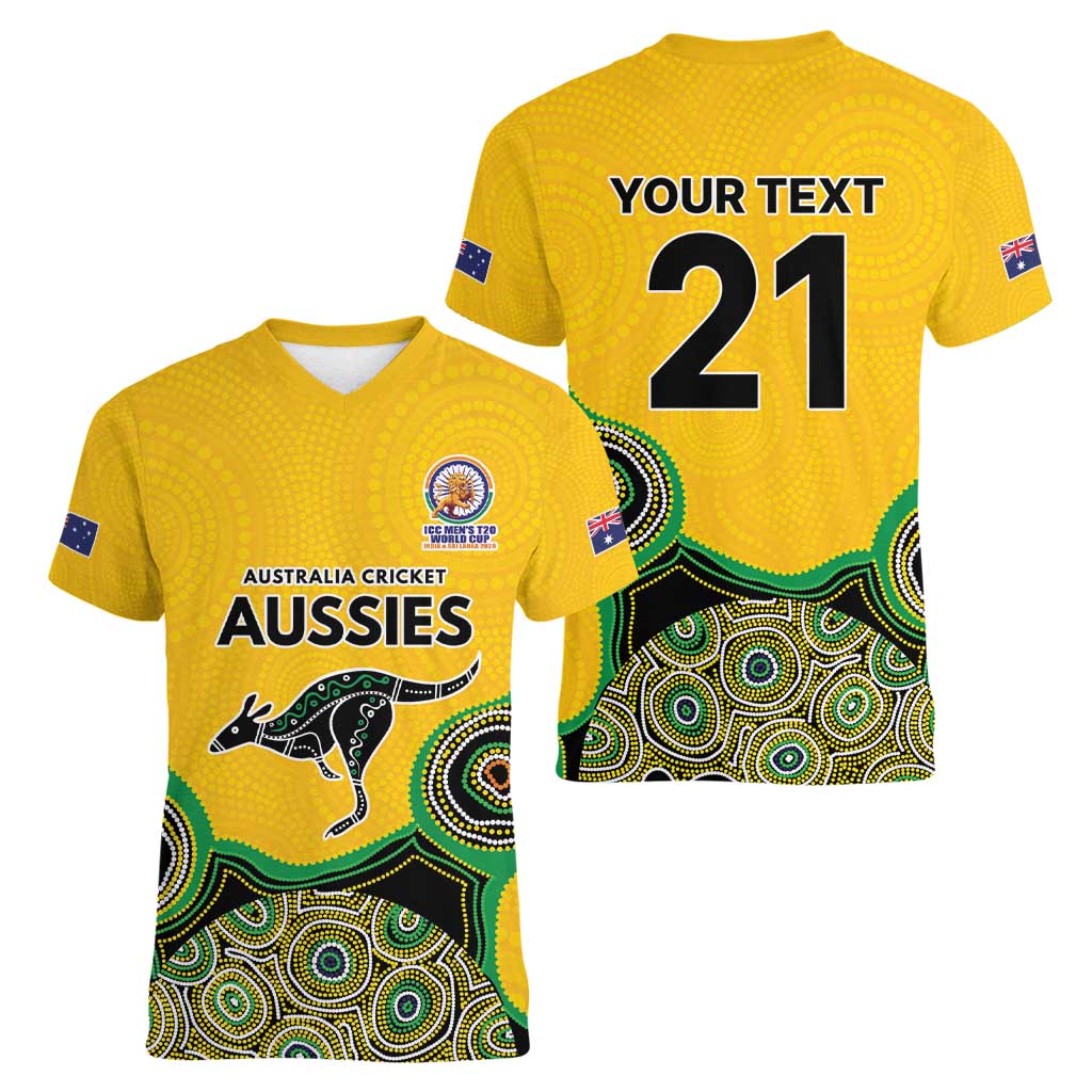 Custom Australia Cricket Spirit 2026 Women V-Neck T-Shirt World T20 Edition - Gold Aboriginal - Aussie Hoodie