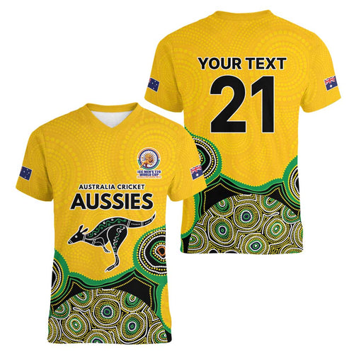Custom Australia Cricket Spirit 2026 Women V-Neck T-Shirt World T20 Edition - Gold Aboriginal - Aussie Hoodie